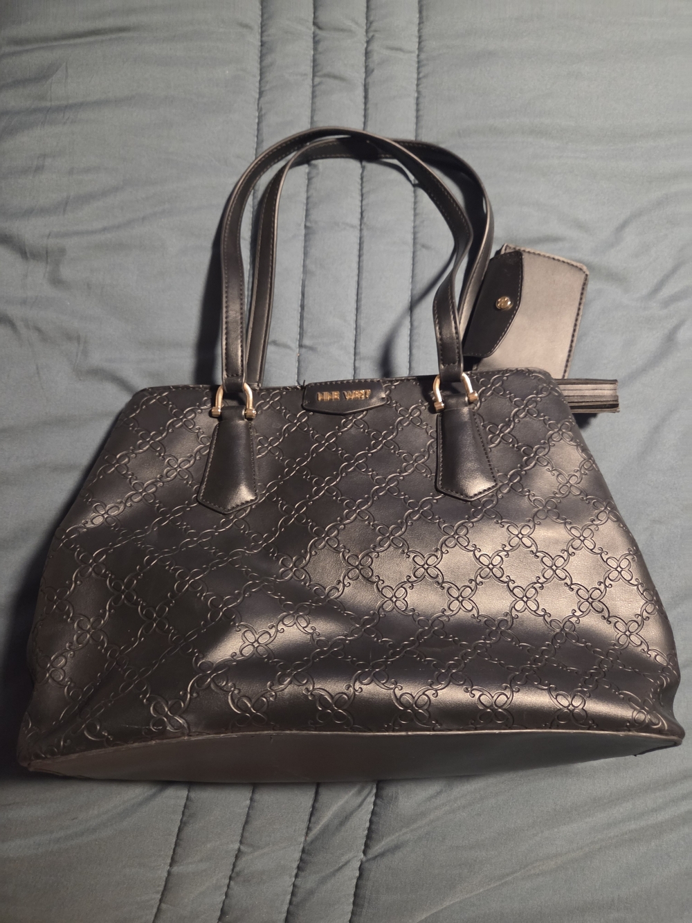 Nine West - Black Women's Tote Bag with Embossed Pattern W/Small Wallet Attached
